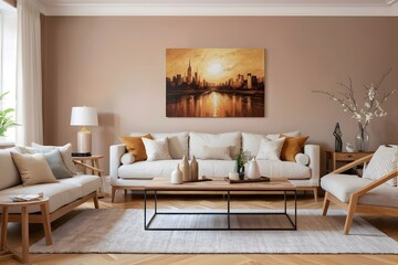 Fototapeta premium Beautiful living room with wooden furniture and mocha mousse color theme decor.