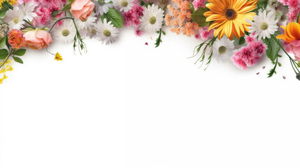 Elegant floral border with vibrant flowers lush greenery on light background. Ideal for decorative designs wedding invitations or romantic desig