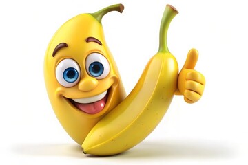 3D illustration of a cheerful banana character with a glossy finish on a yellow background