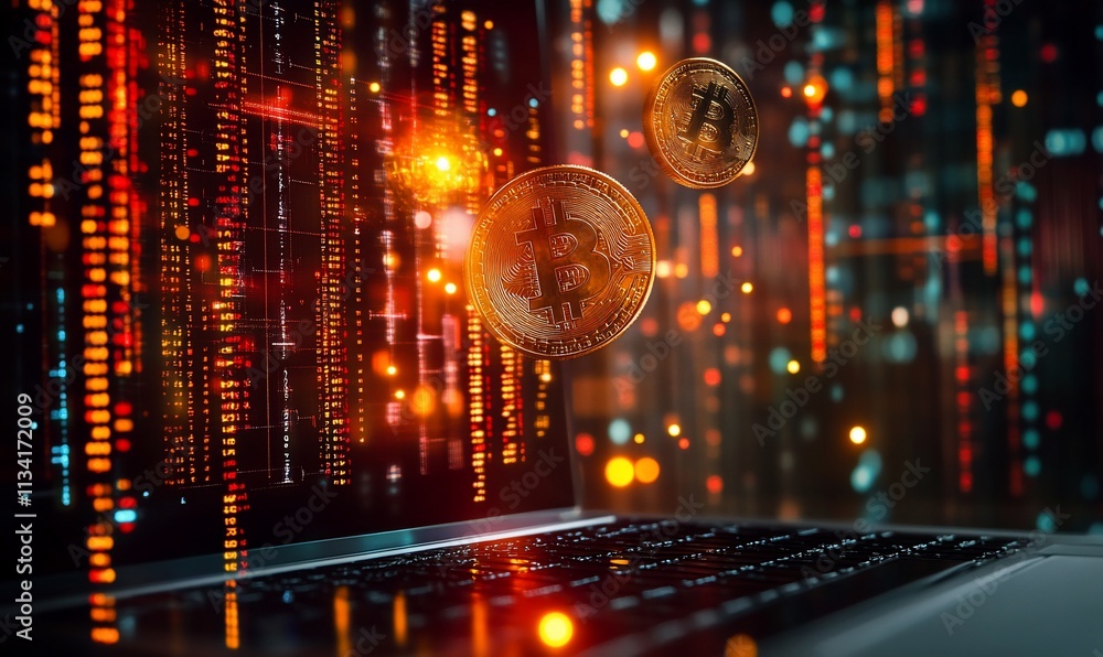 Poster Digital representation of cryptocurrency with a laptop and binary code.