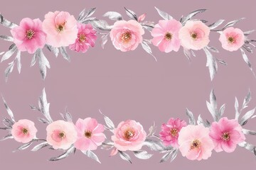 Pastel Pink Flower and Silver Branch Watercolor Seamless Border for Event Decoration and Craft Projects