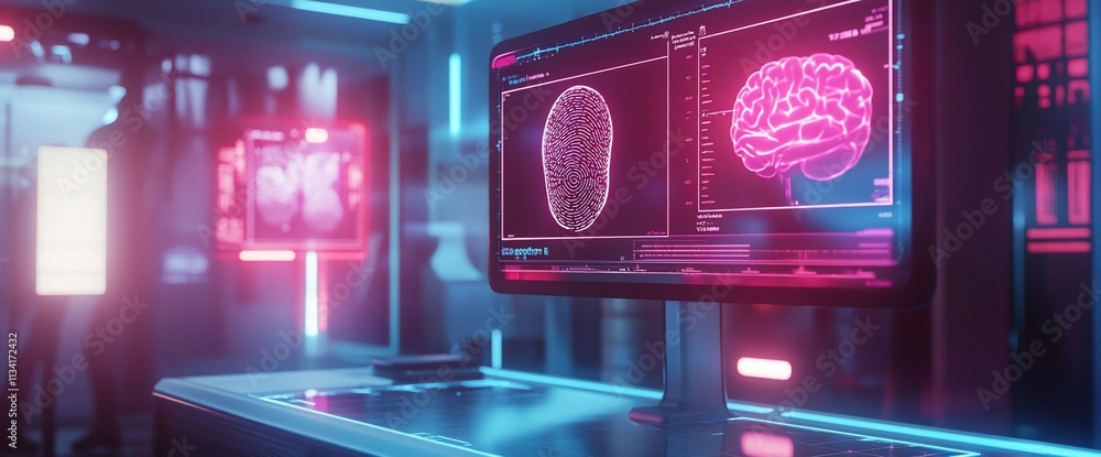 Poster Futuristic laboratory with brain scans displayed on monitors.