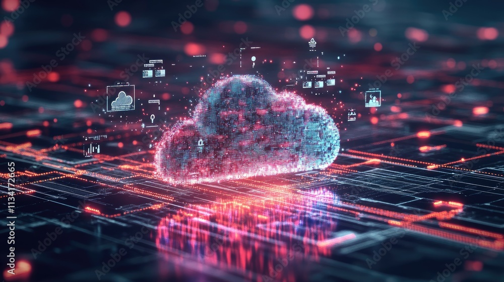Poster abstract representation of digital cloud computing and data storage with glowing effects and intrica