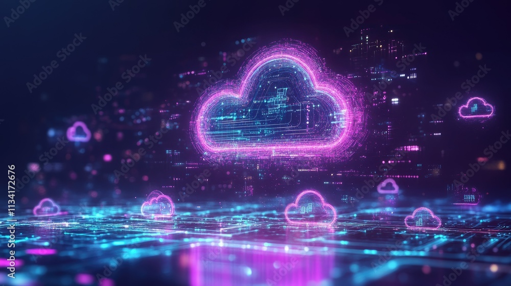 Poster futuristic cloud computing concept with glowing digital elements and data connections illustrating t