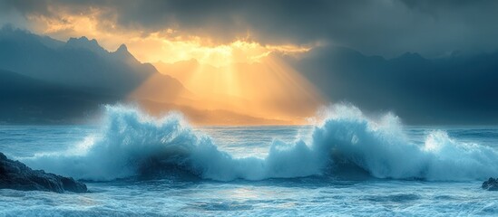 Fototapeta premium Dramatic ocean waves crashing on rocky shore at sunset.