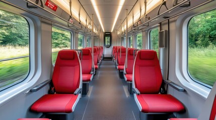 Obraz premium Modern train interior with red seats and windows. Passengers compartment of a train with red seats and clean design.