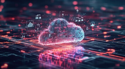 Obraz premium Abstract representation of digital cloud computing and data storage with glowing effects and intricate patterns, showcasing modern technology and connectivity concepts