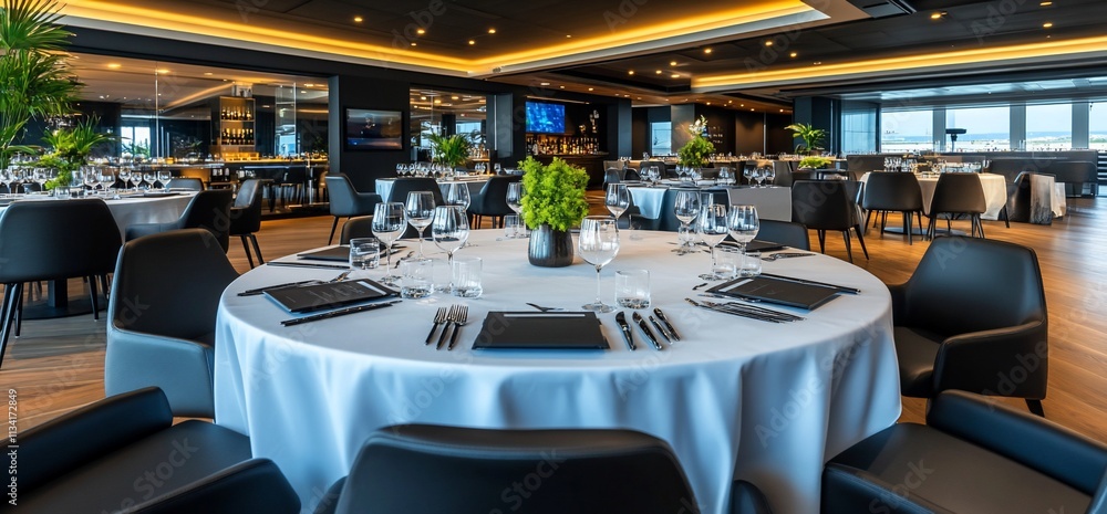 Poster elegant dining setup in a modern restaurant with tables and decor.
