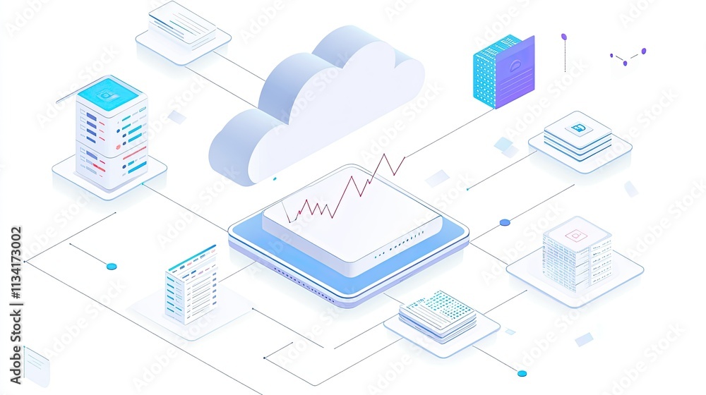 Poster abstract illustration of cloud computing and data analytics with graphs and server icons, representi
