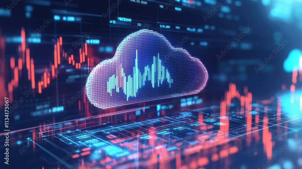 Poster abstract digital illustration of cloud technology with data visualization and analytics representing