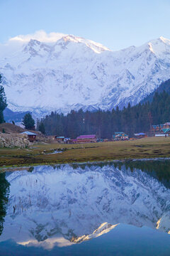 Snowy Nanga Parbat reflects perfectly in a calm lake at Fairy Meadows, Pakistan. Surrounded by pine forests, wooden cabins, and a serene meadow.