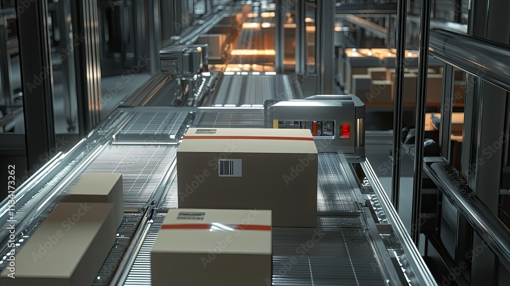 Poster automated warehouse system showing packages on a conveyor belt in a modern logistics center with adv