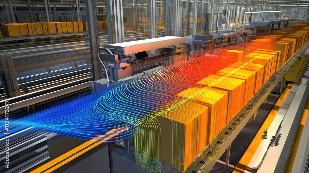 Poster modern warehouse automation with high-tech conveyor systems and dynamic flow graphics depicting effi