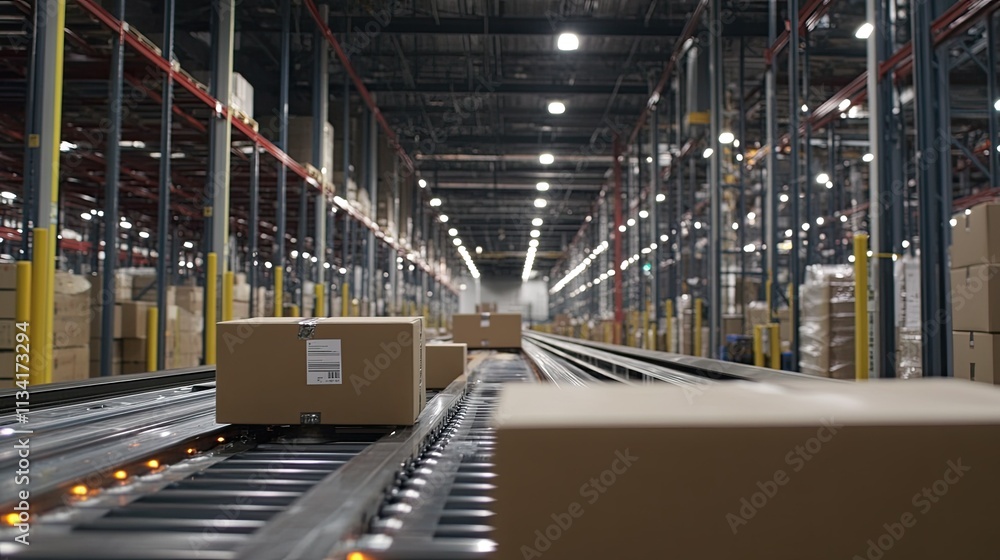 Poster automated warehouse conveyor system with cardboard boxes transporting in a modern distribution cente