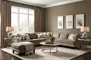 Fototapeta premium Cozy Modern Family Room Design in Soft Taupe with Chic Sectional and Elegant Furniture