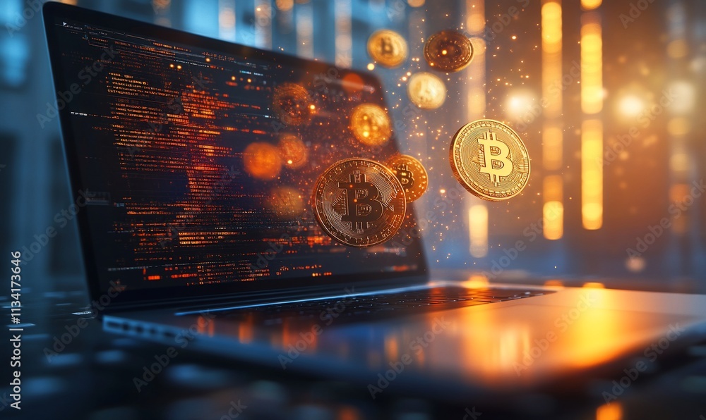 Poster Laptop displaying digital data with floating Bitcoin symbols.