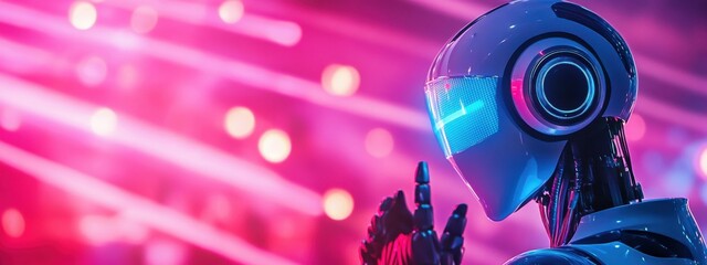 Fototapeta premium Futuristic Robot Profile with Neon Lights in the Background Reflecting Technology, Innovation, and Artificial Intelligence in a Vibrant Setting