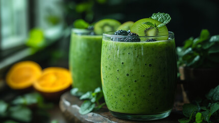 Kiwi smoothies and kiwi fruits slices in glass on wood background