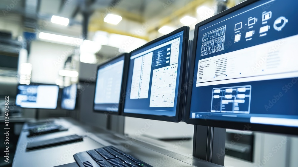 Poster modern technology workspace featuring multiple monitors displaying various technical data and graphi