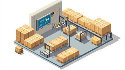 Modern warehouse interior featuring organized storage with cardboard boxes on pallets, automated conveyor system, and digital control panel for efficient logistics management.
