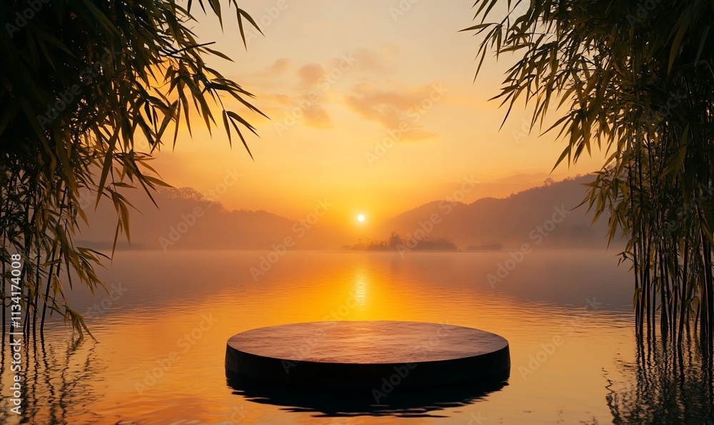 Poster serene sunset over a calm lake with a circular platform in the foreground.