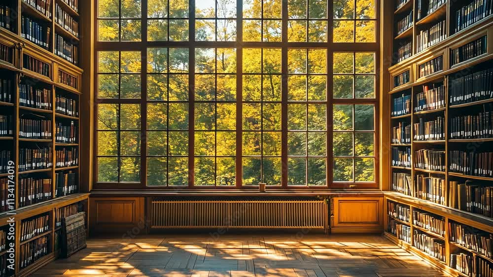 Poster serene library with large windows showcasing autumn foliage and sunlight filtering through