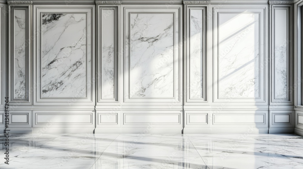 Poster elegant interior with white marble walls and shiny floor capturing soft light, creating a serene and