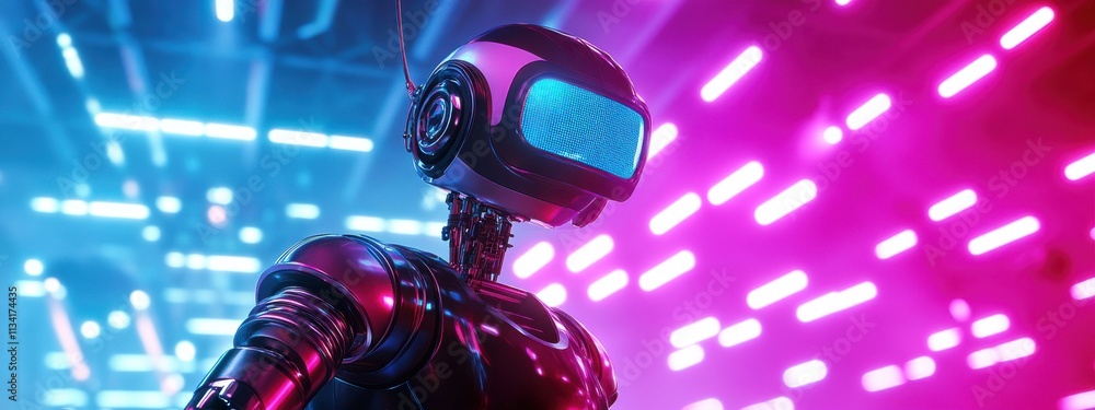 Poster futuristic robot with neon glow in an exciting tech environment showcasing illuminated background an