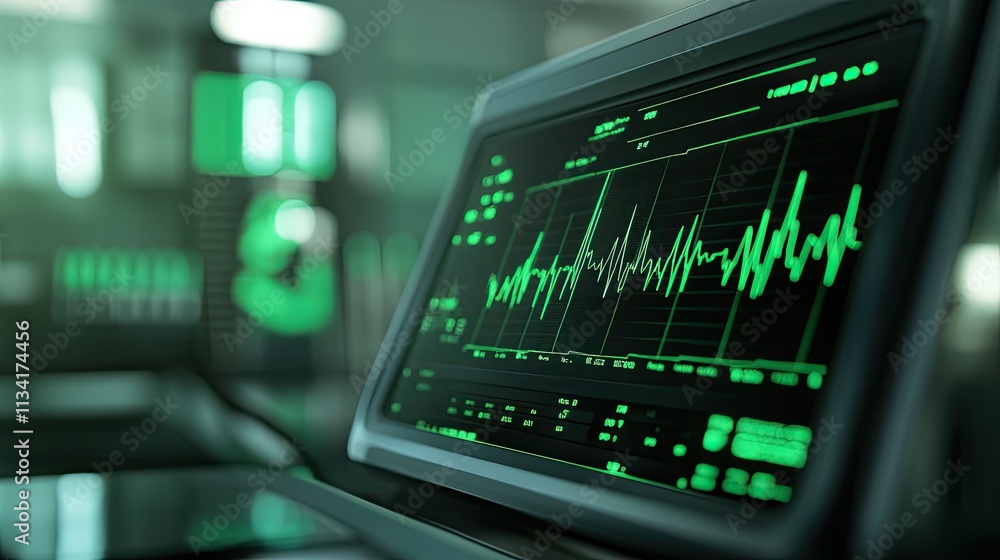 Poster high-tech medical monitor displaying real-time heartbeat data with neon green graphs and readouts in