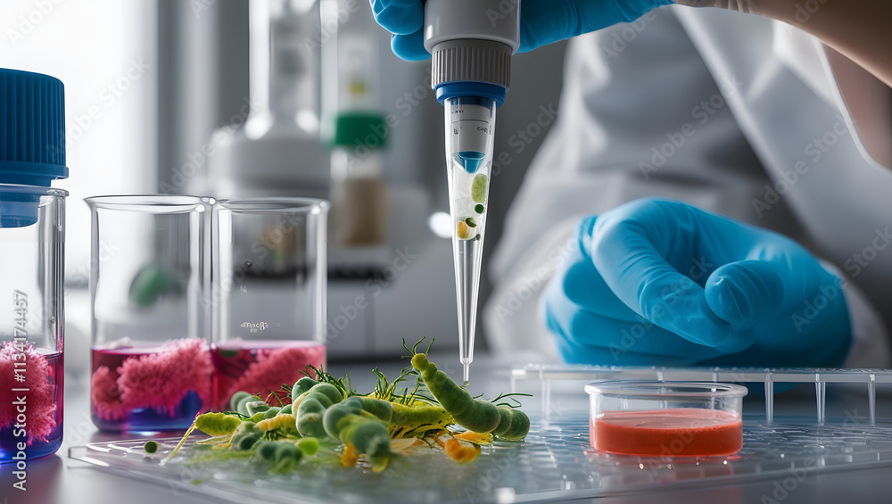 Poster lab research: a close-up shot of a scientist's hand in blue gloves carefully using a pipette to tran