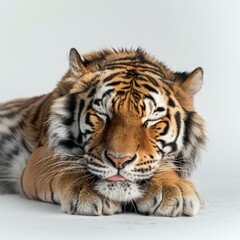 Fototapeta premium Studio shot of a tiger sleeping peacefully with its eyes closed on a white background