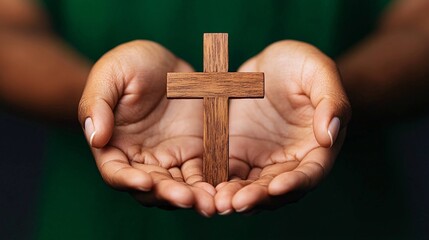 Crucifix faith religion wood concept. Hands gently holding a wooden cross, symbolizing faith and spirituality.