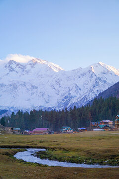 The peaceful beauty of Fairy Meadows near Nanga Parbat in Pakistan. Snowy mountains stand tall in the background, a grassy meadow is crossed by a small, winding stream. 