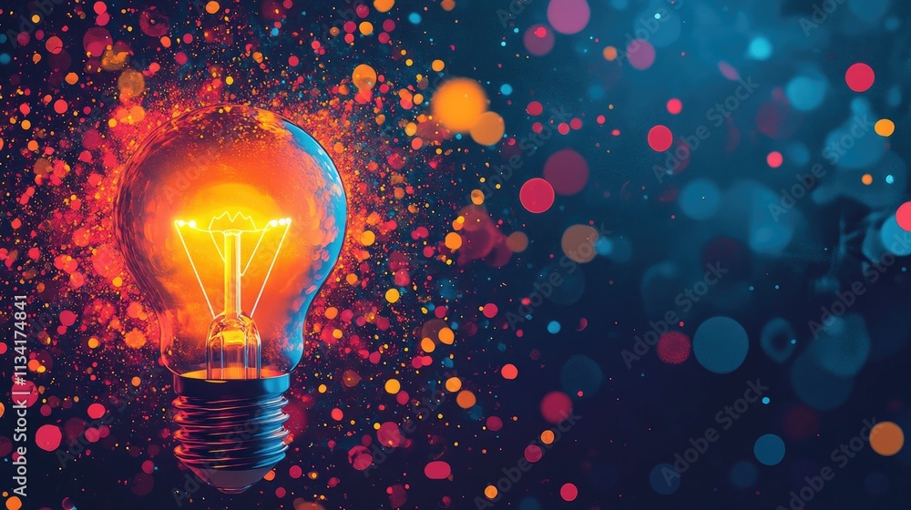 Poster vibrant light bulb surrounded by colorful bokeh effects creating a magical atmosphere of creativity 