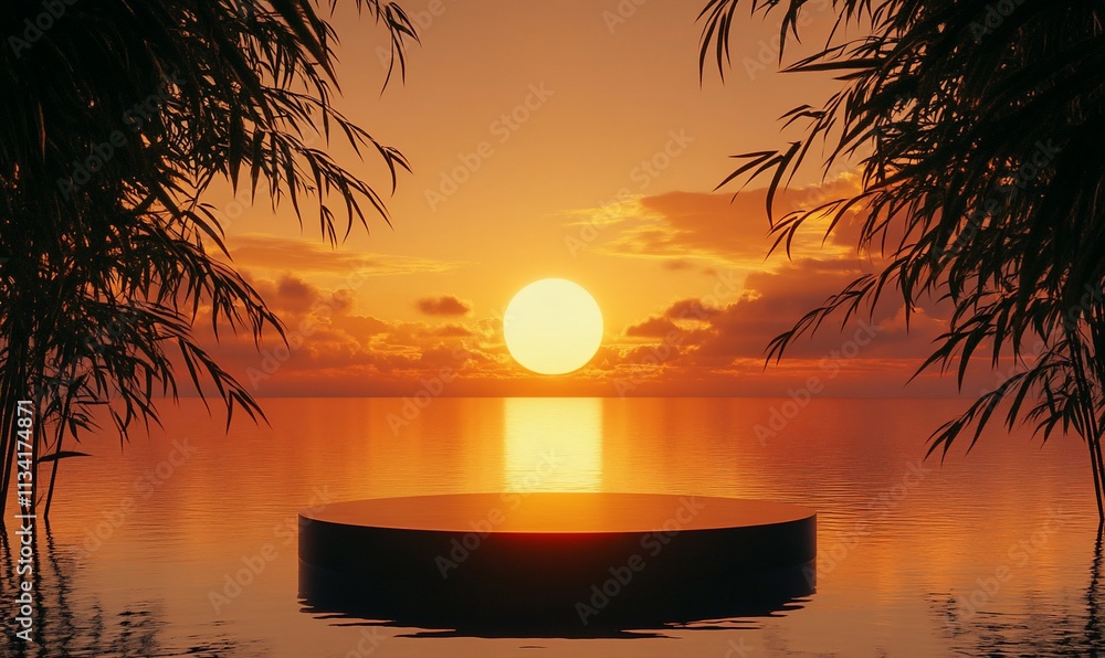 Poster serene sunset over calm waters with a circular platform amidst bamboo.
