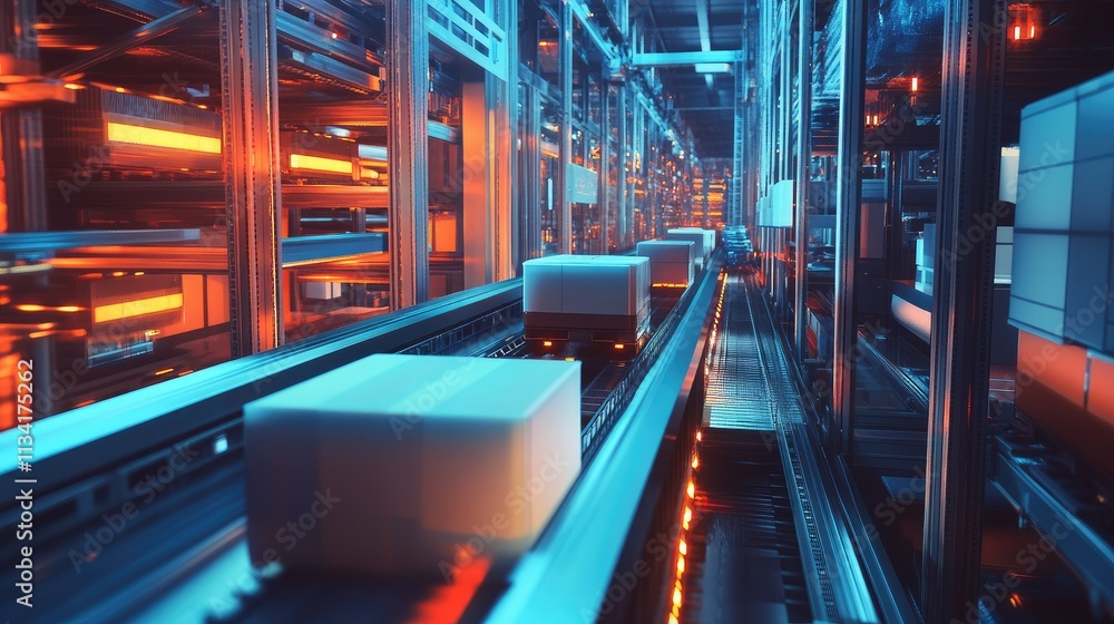 Aufkleber futuristic warehouse automation with conveyors transporting packages in a high-tech environment of n