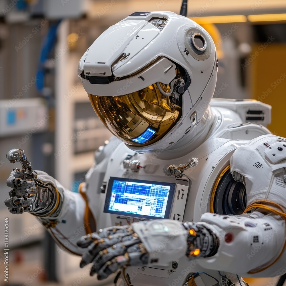 Poster futuristic humanoid robot with advanced technology and reflective visor, showcasing intricate design