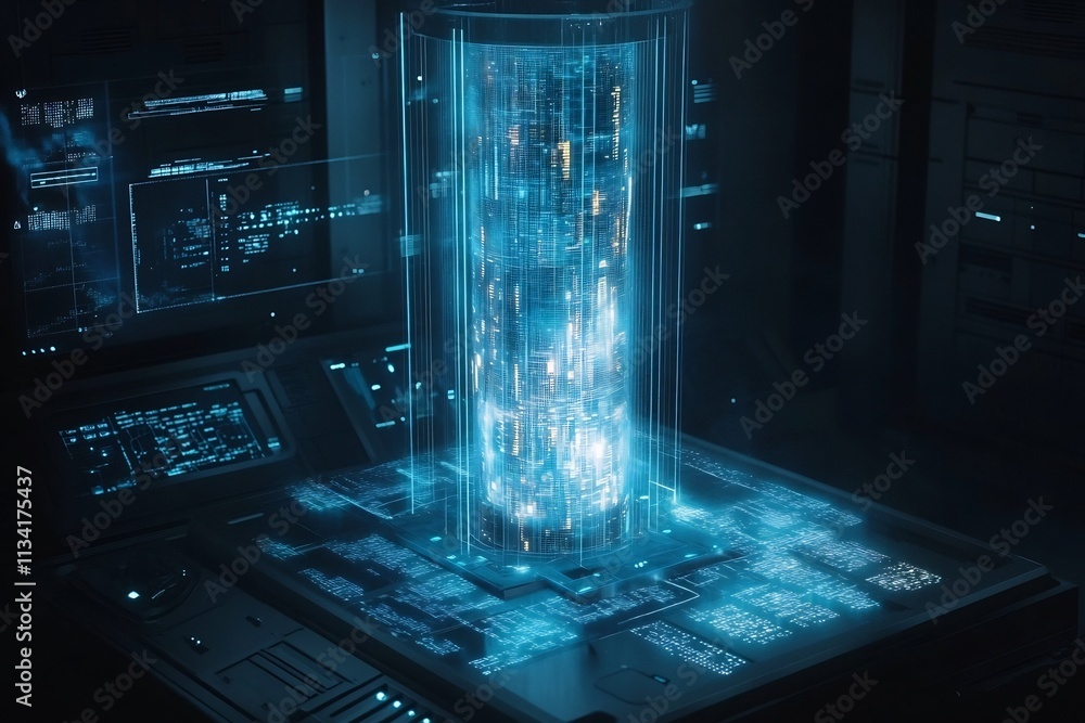 Poster holographic tower with dynamic animation futuristic glowing building projection from sleek