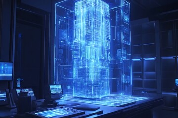 Obraz premium Captivating Holographic Tower with Dynamic Animated Lighting and Futuristic Control Panel