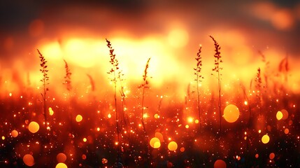 Obraz premium Fiery Sunset Illuminates Silhouetted Grass Blades