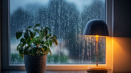 Cozy rainy day scene with plant and lamp on windowsill.