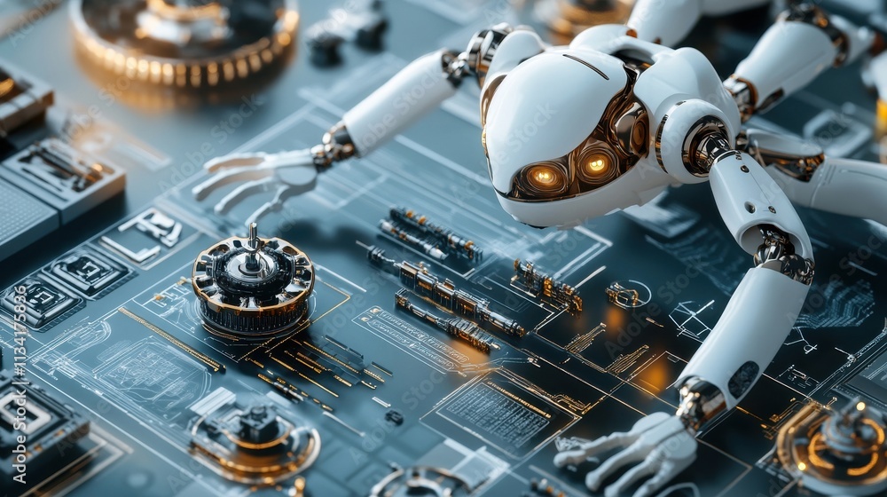 Aufkleber futuristic robot interacting with advanced technology on high-tech control panel, showcasing innovat