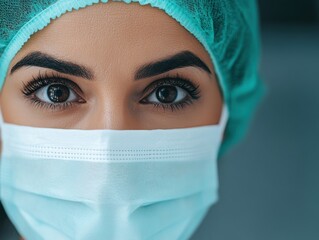 A focused medical professional with a surgical mask, preparing to assist in surgery.