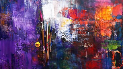 Colorful vibrant abstract painting palette with paintbrushes.