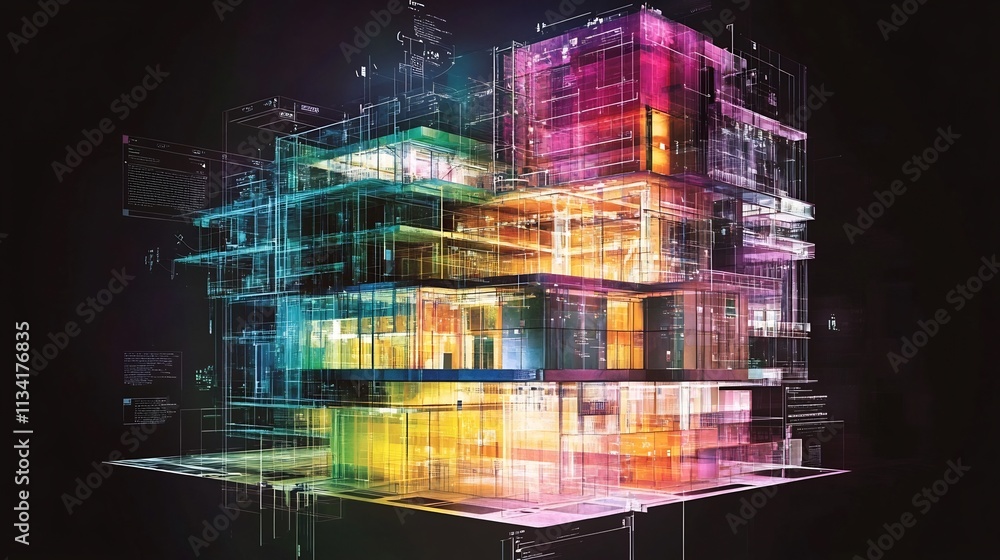 Poster holographic skyscraper blueprint a transparent architectural design with digital annotations and