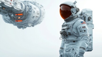 A futuristic astronaut in a tailored business suit, carrying a helmet and standing in front of a floating space station model, isolated on a white background