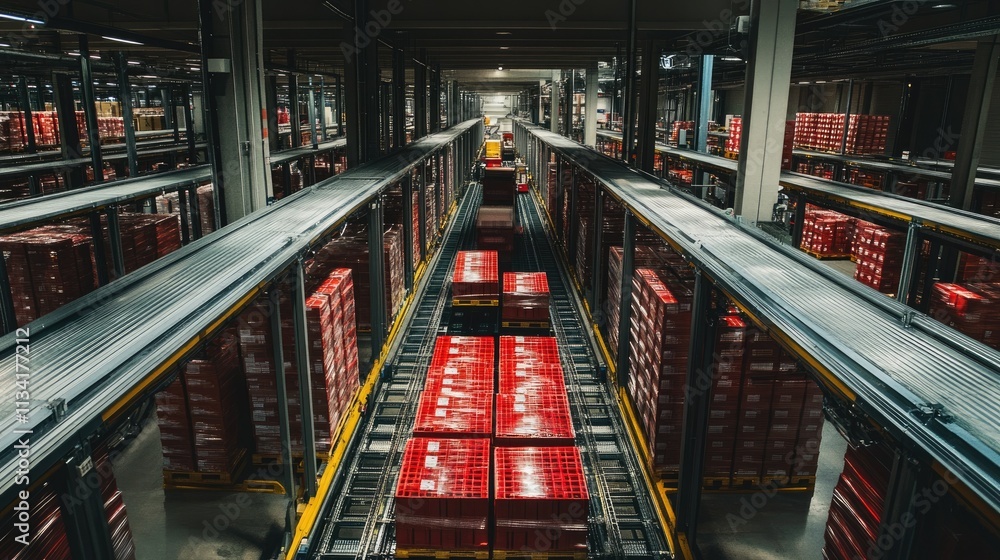 Poster aerial view of a modern warehouse with shelves of stacked red pallets and automated conveyor system 
