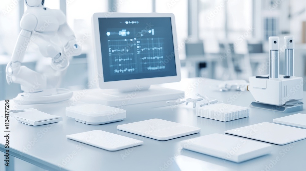 Aufkleber advanced technology display with robotic arm, digital screen, and various minimalistic devices showc