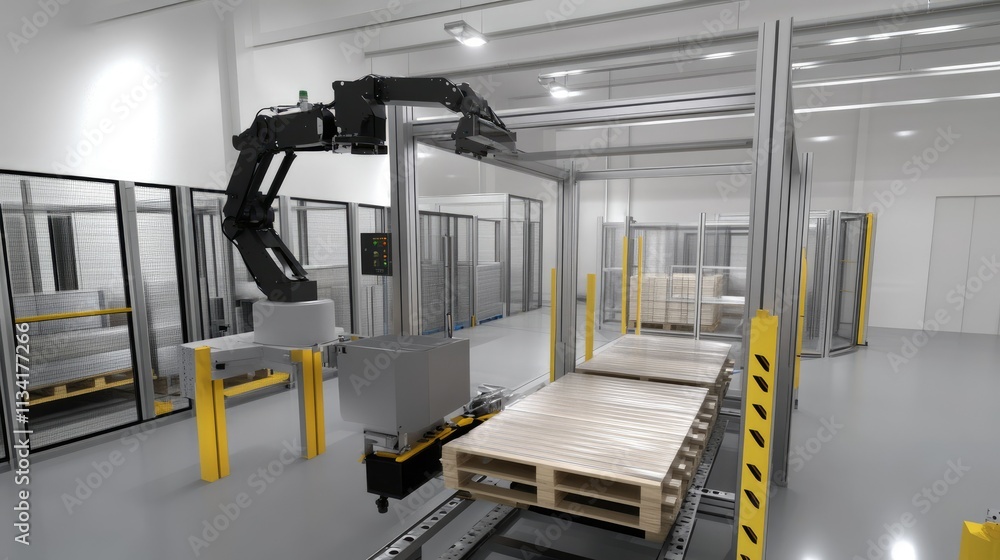 Poster advanced robotic arm in a modern industrial environment efficiently handling wooden pallets for auto