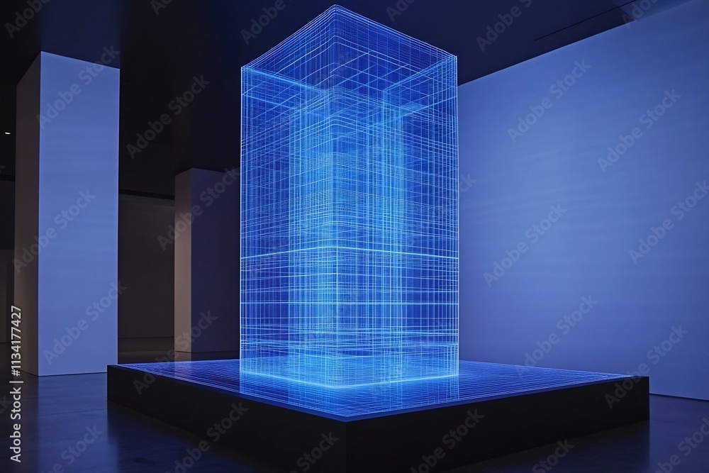 Poster pulsating futuristic skyscraper hologram on sleek platform